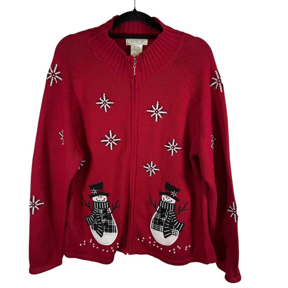 Mandal Bay Red Snowman Christmas Sweater‎ Zip Up Cardigan Beaded Snowflake XL